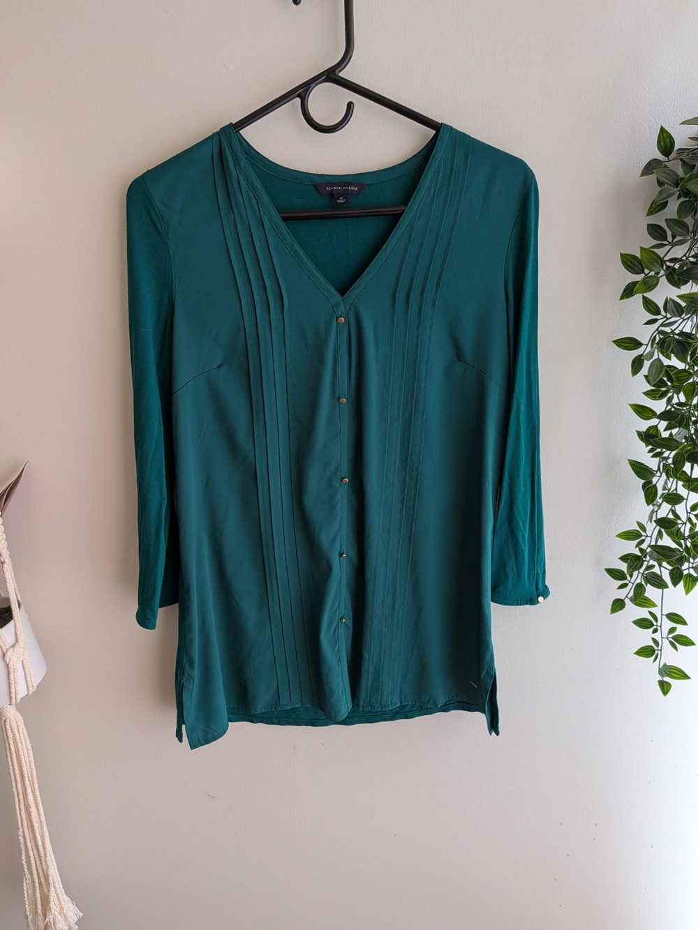 Tommy Hilfiger Emerald Green Pintuck Button-Front Blouse